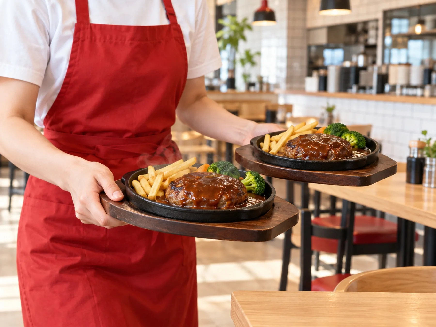 赤いエプロンのスタッフが、鉄板にのったハンバーグを2皿運んでいる（イメージ・見本）