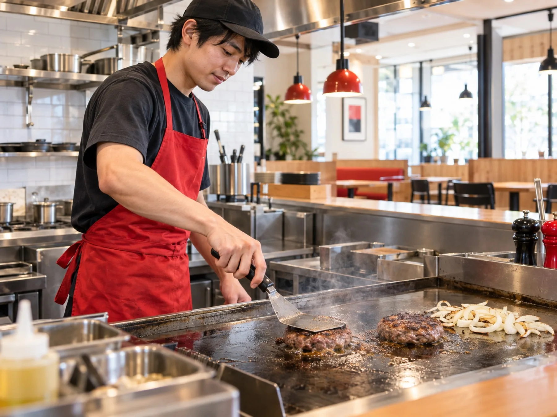 キッチンで、スタッフが鉄板の上のハンバーグをへらで押さえて焼いている（イメージ・見本）
