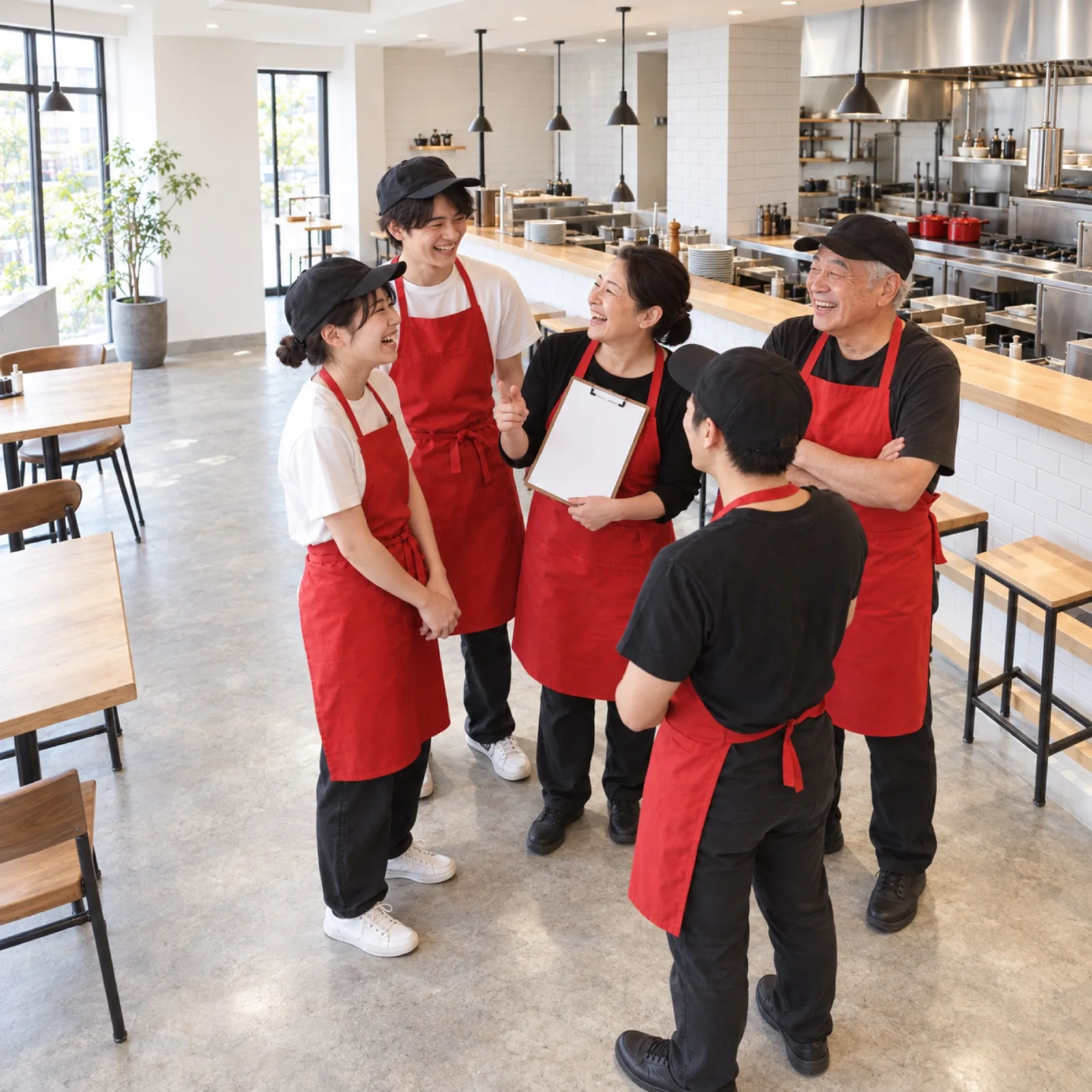 開店前の明るい店内で、赤いエプロンのスタッフ5人が輪になって笑っている。学生・20代・40代・60代くらい（イメージ・見本）