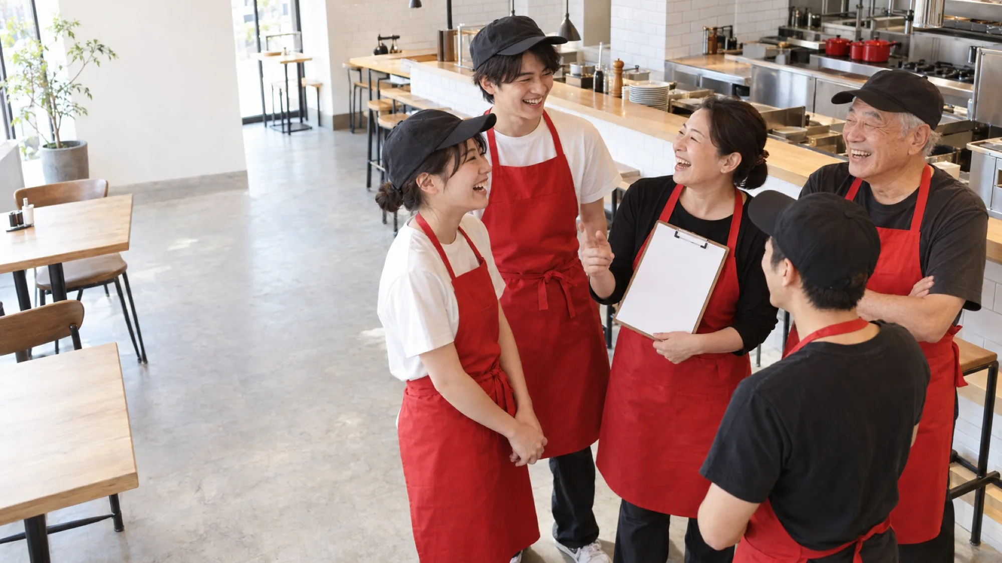 開店前の明るい店内で、赤いエプロンのスタッフ5人が輪になって笑っている。学生・20代・40代・60代くらい（イメージ・見本）